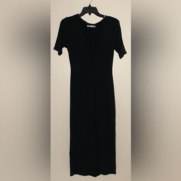 Abercrombie & Fitch- Black Ribbed Midi Dress Side Slit Keyhole Chest Detail- M - Picture 3 of 8